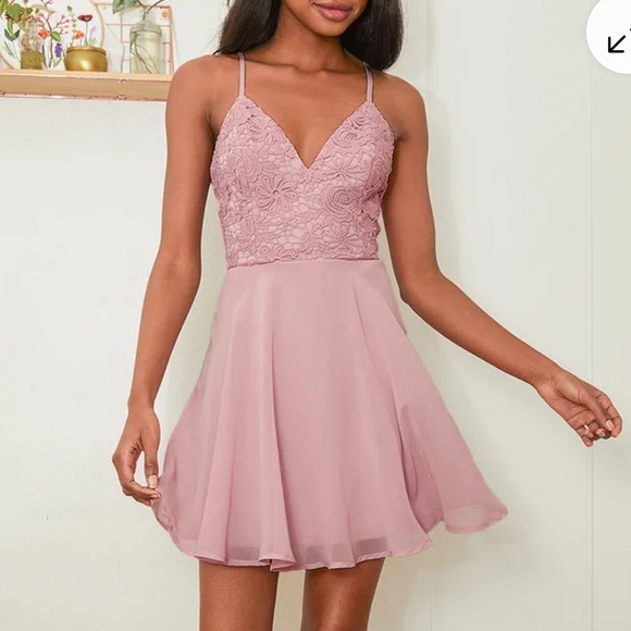 Lulus Sweet Emotions Mauve Pink Crochet Lace Skater Dress - Picture 1 of 8
